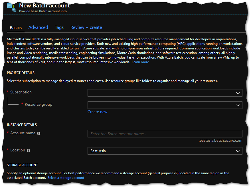 New batch account