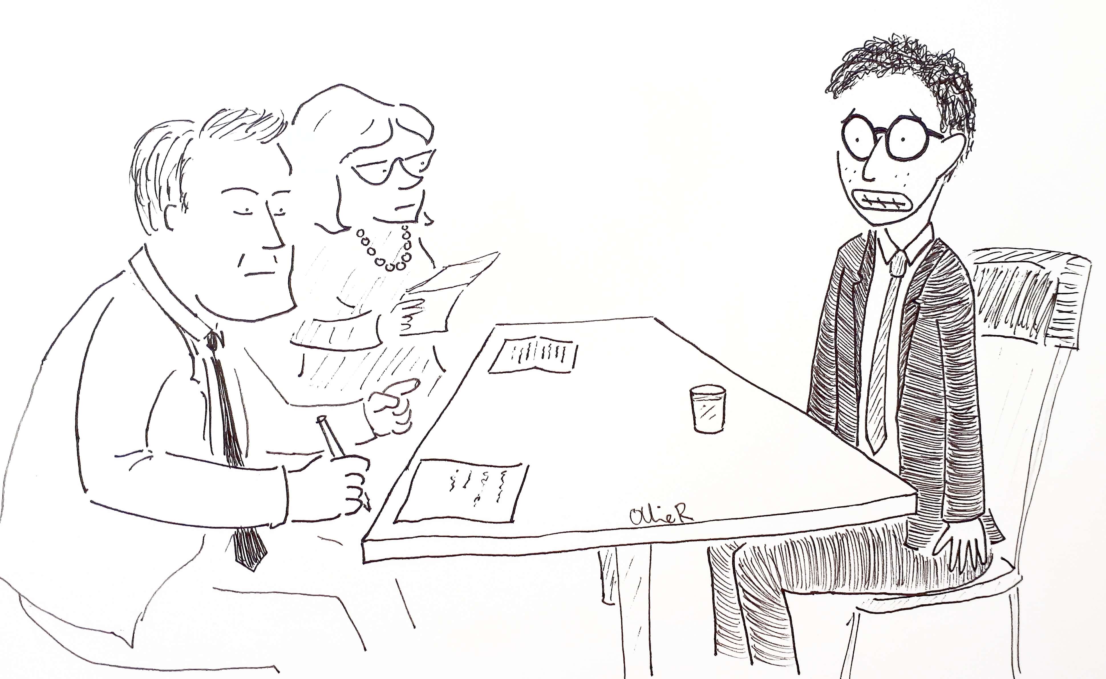 Cartoon of nerd in his early twenties at his first job interview