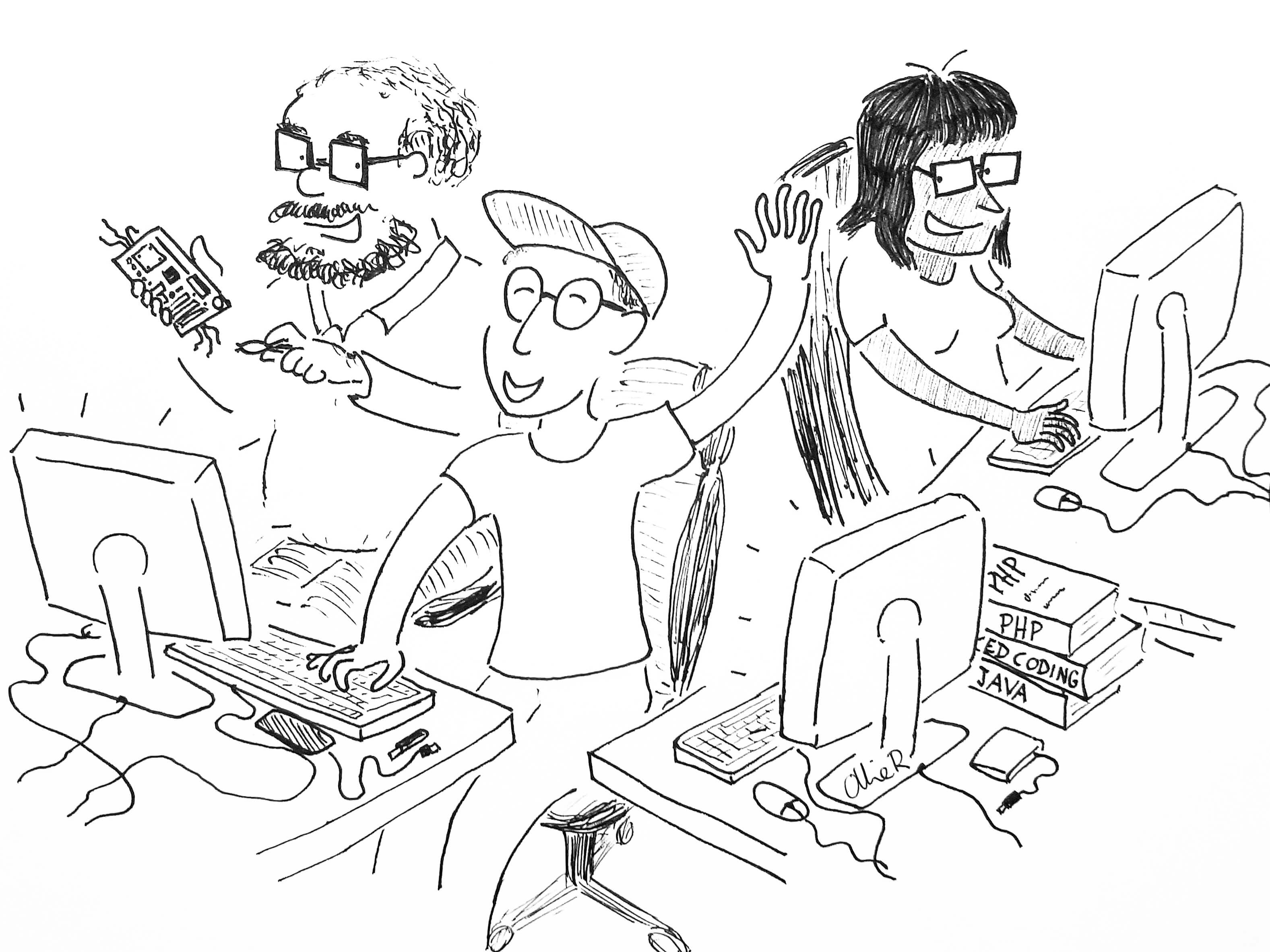 Cartoon of young man in his mid-twenties working as a full stack developer