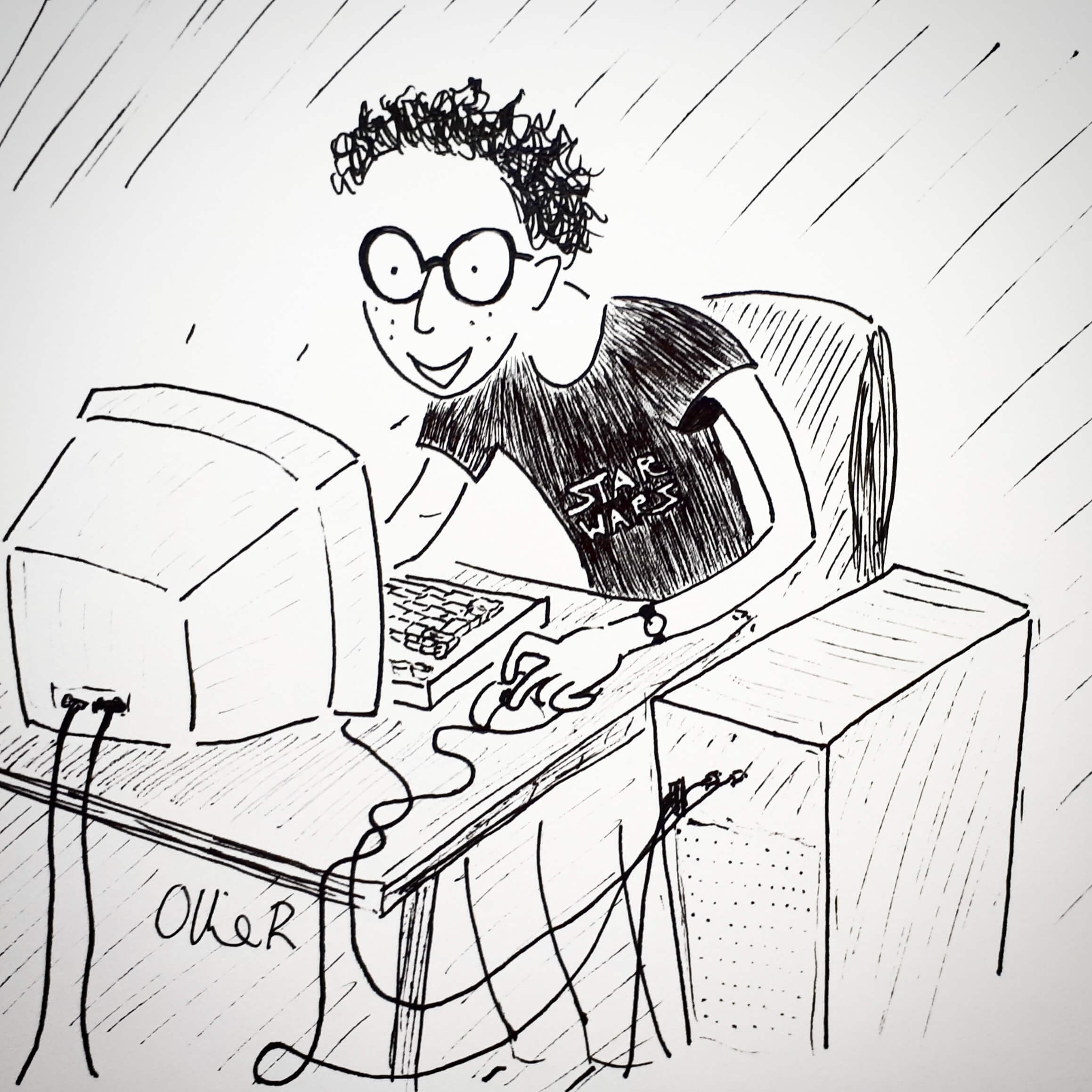 Cartoon of a nerdy teenager at a PC