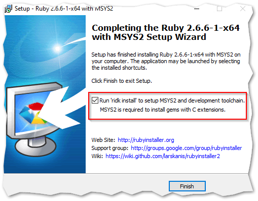 Completing the Ruby+DevKit with MSYS2 Setup Wizard